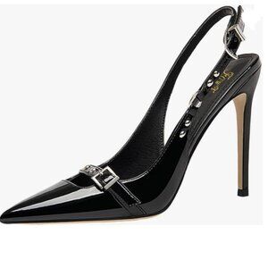 Black Rivet Studded Pointed Toe High Heel Slingback D'Orsays Adjustable Pumps